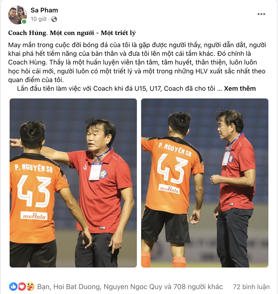 Đoạn chia sẻ đầy xúc động mà tiền vệ Nguyên Sa gửi đến HLV Phan Thanh Hùng
