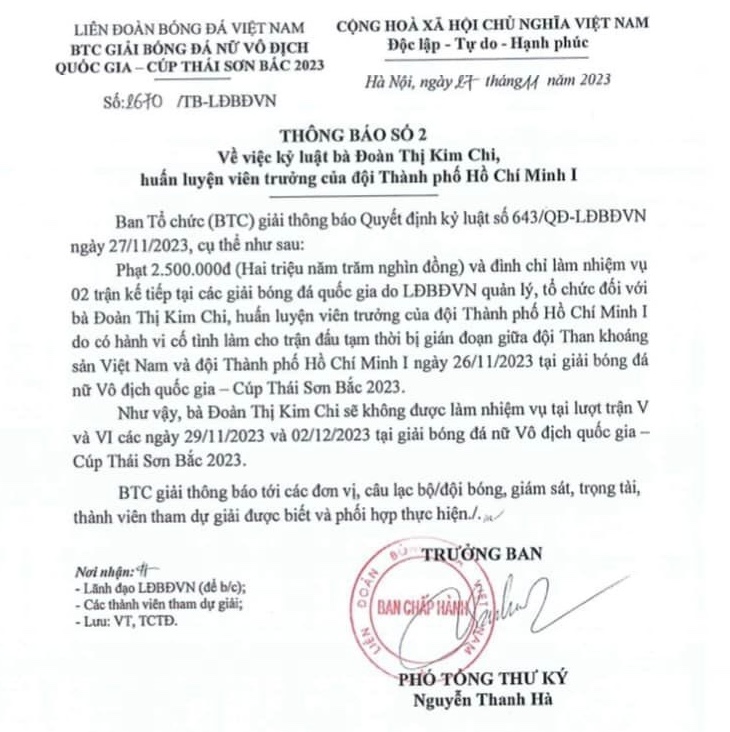 HLV Đoàn Thị Kim Chi khiếu nại quyết định phạt của VFF - Ảnh 3.