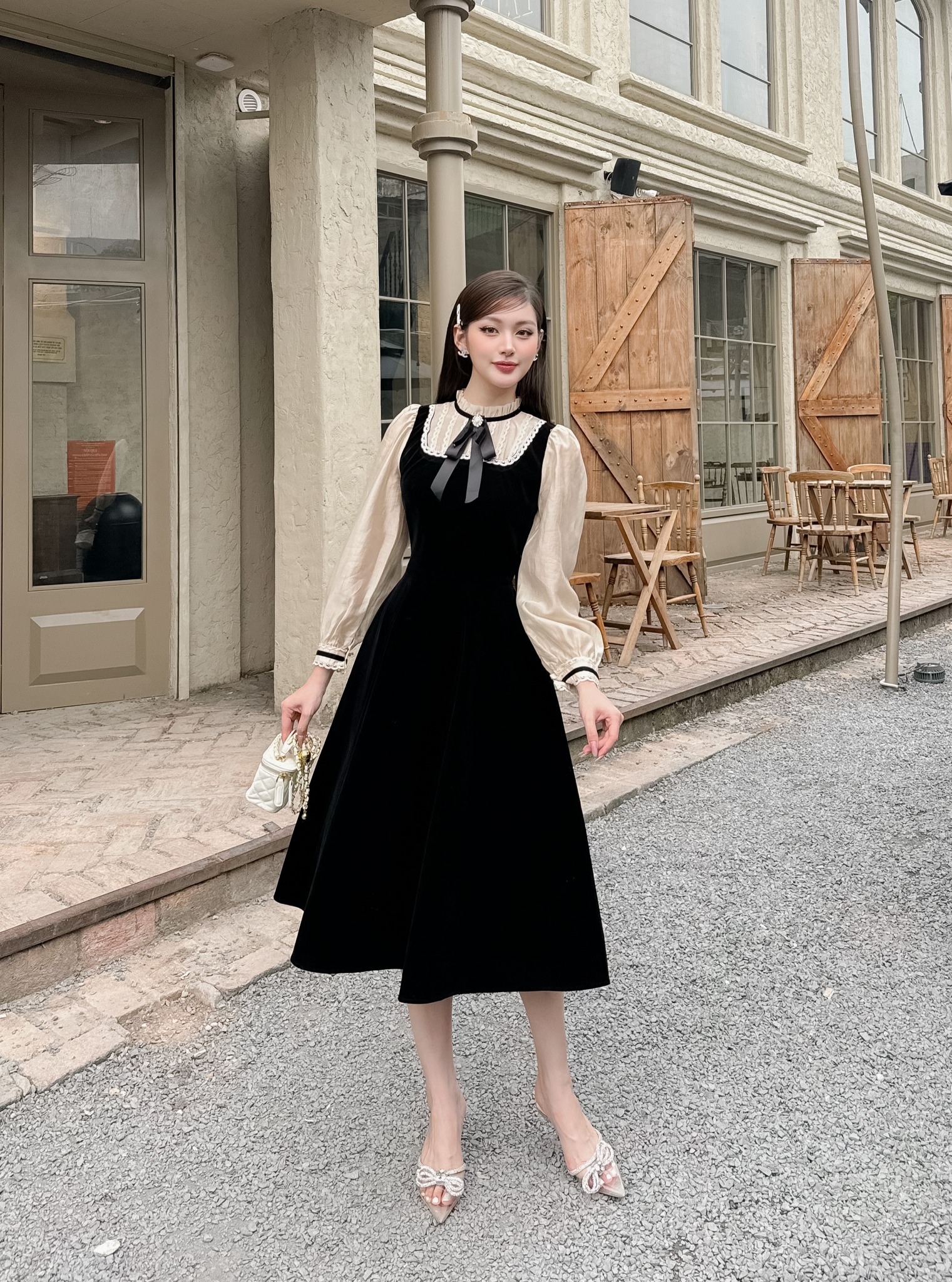 Đầm váy đen tay dài , cổ trụ v , đính nút quý phái thích hợp đi tiệc , đám  cưới | Shopee Việt Nam