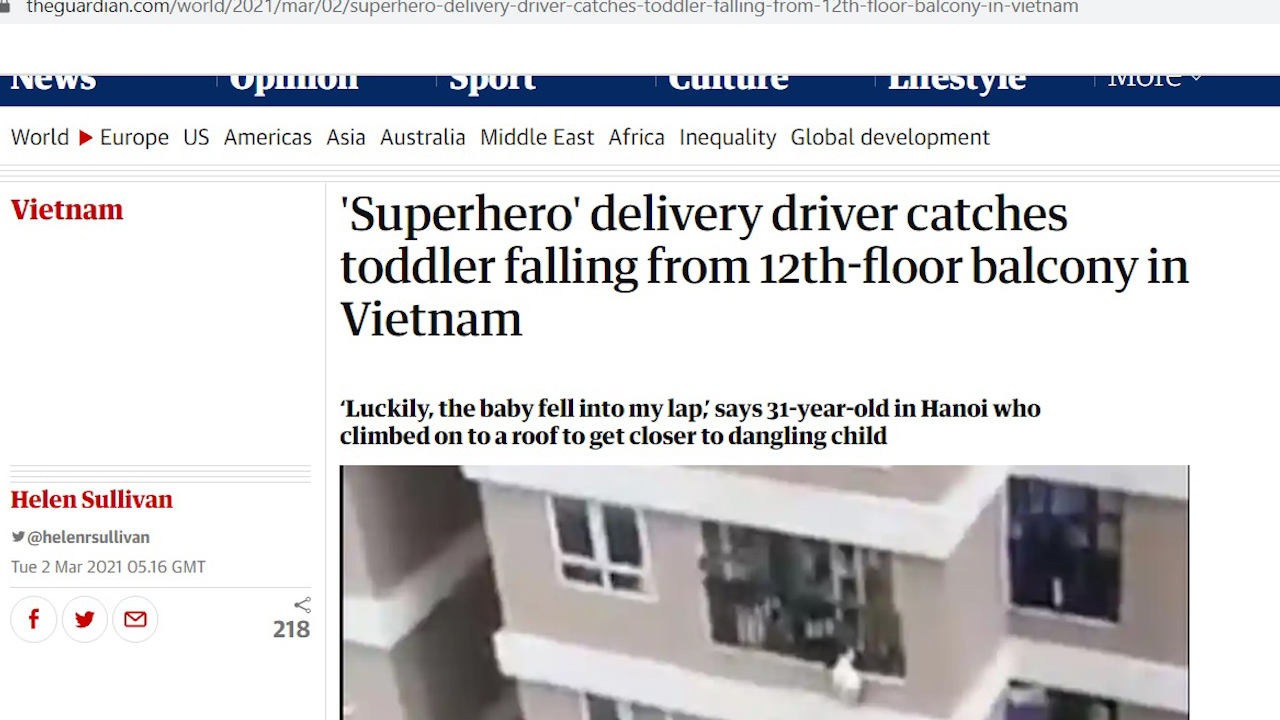 Báo chí quốc tế gọi anh Nguyễn Ngọc Mạnh là “siêu anh hùng” cứu bé gái rơi chung cư - Ảnh 1.