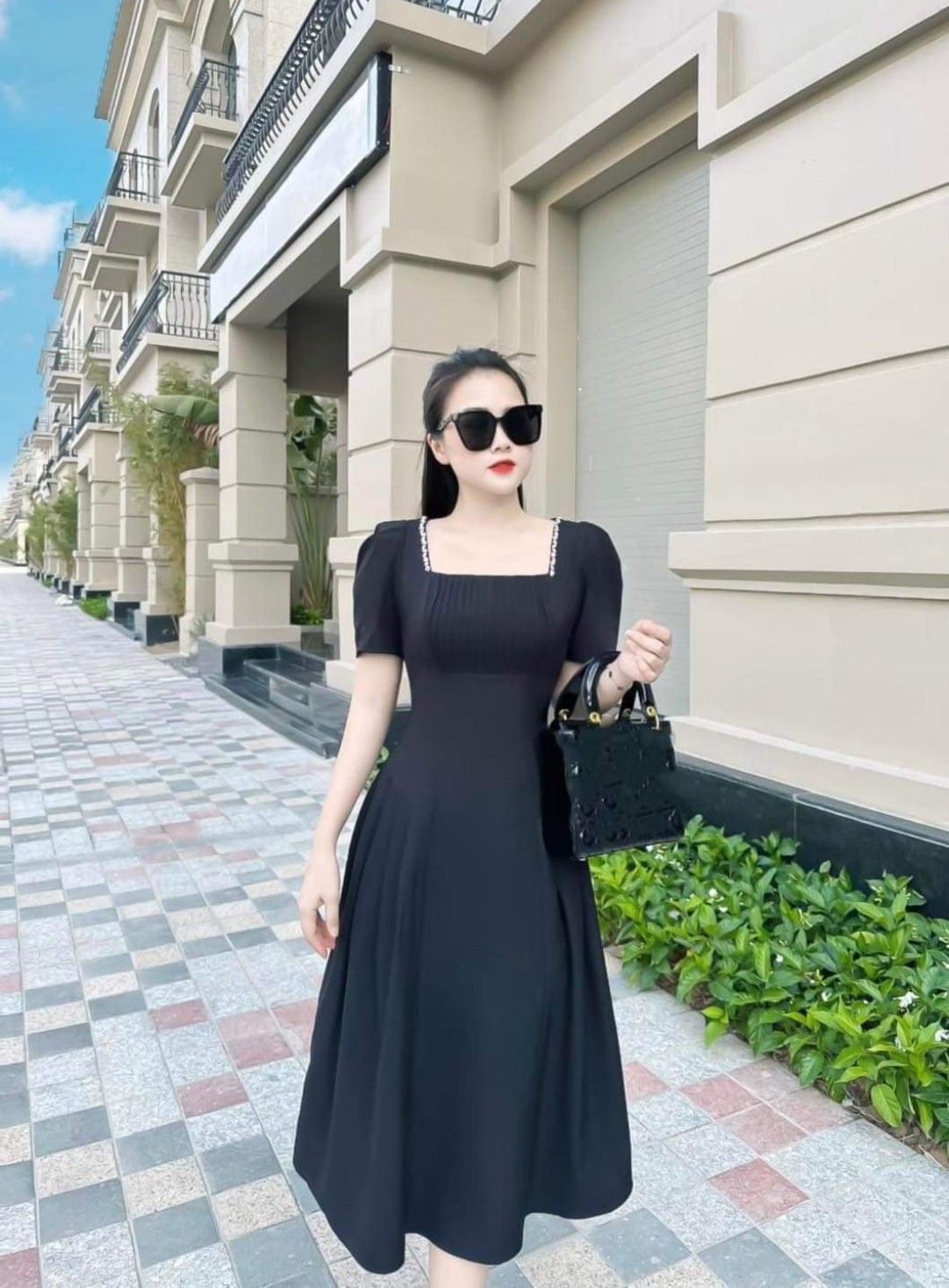 Đầm xòe đỏ cổ vuông xếp ly KK10003  Thời trang công sở KK Fashion