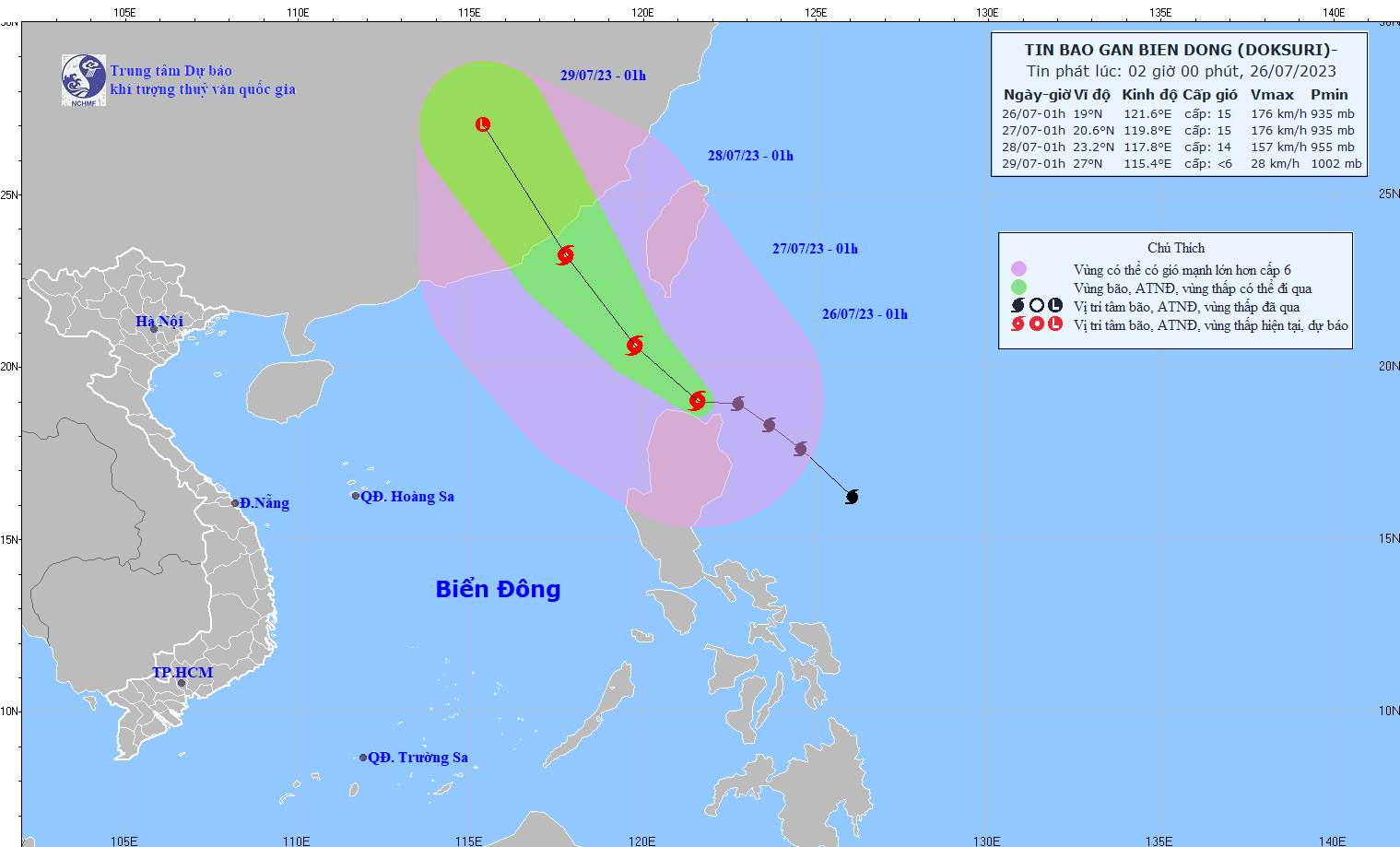 Tin tức thời tiết hôm nay 26.7.2023: Bão Doksuri gây gió mạnh cấp 15 ở Biển Đông - Ảnh 1.