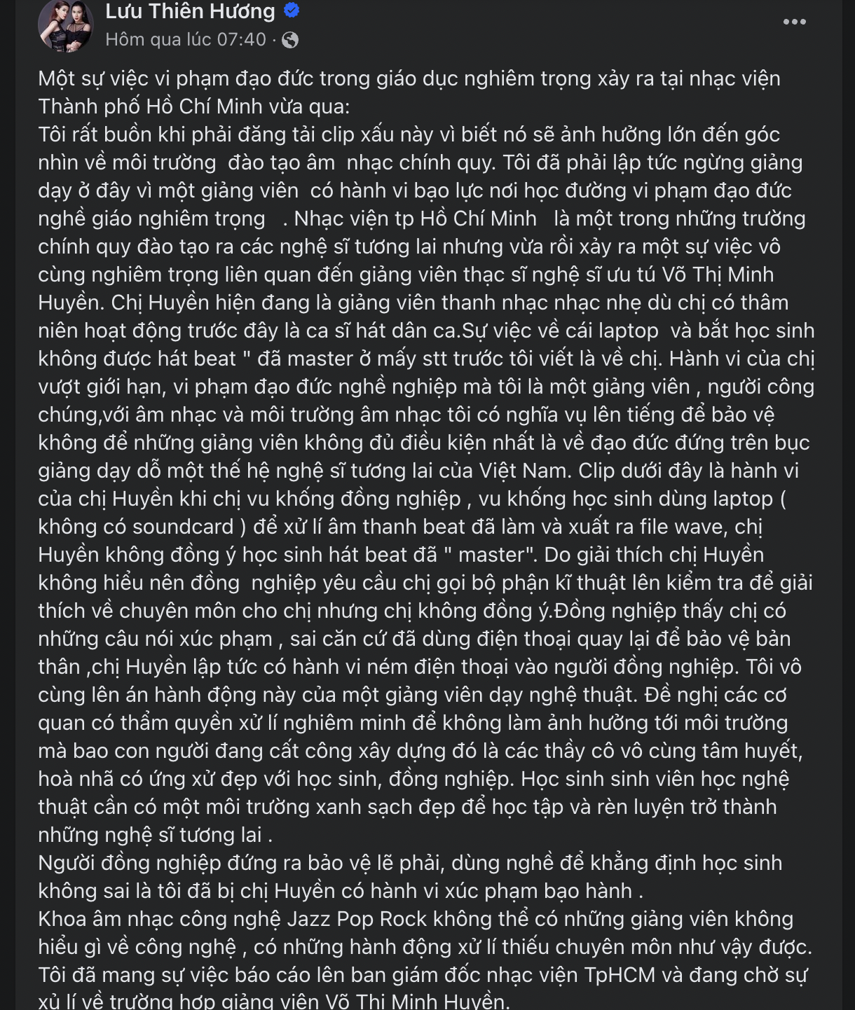 Lưu Thiên Hương tiết lộ lý do bị ném điện thoại vào người, Nhạc viện TP.HCM kỷ luật khiển trách giảng viên- Ảnh 1.