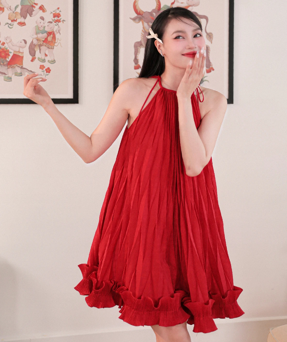 Set áo thun váy yếm dạ màu đỏ - B5098