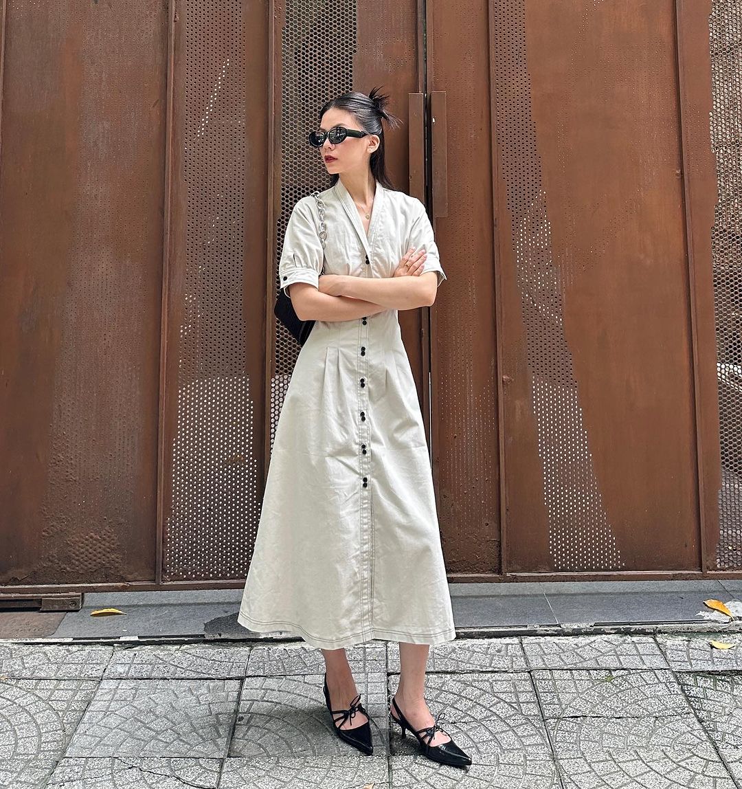 Estilos de vestidos camisa simples, porém elegantes, com bolsos para o escritório - Foto 8. ‘Bỏ túi’ những kiểu đầm sơ mi đơn giản mà sang trọng nơi công sở- Ảnh 8.