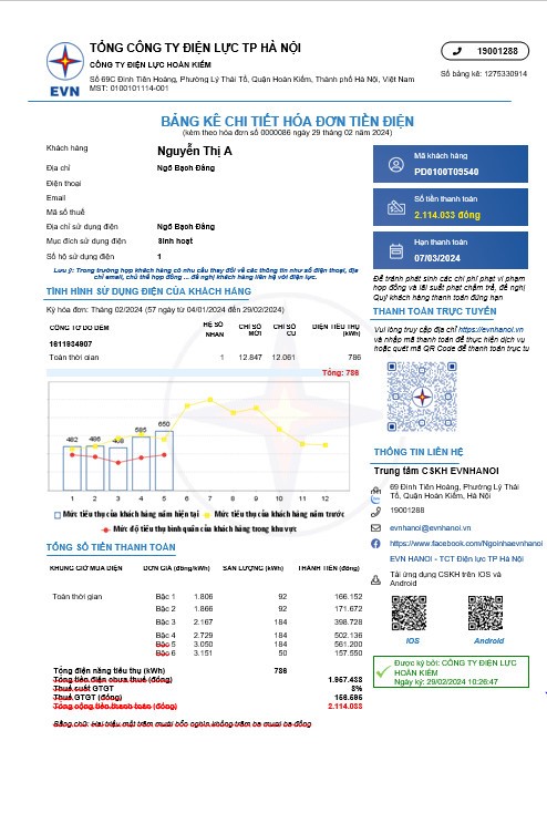 Ví dụ bảng kê chi tiết hóa đơn tiền điện tháng thay đổi lịch ghi chỉ số công tơ năm 2024