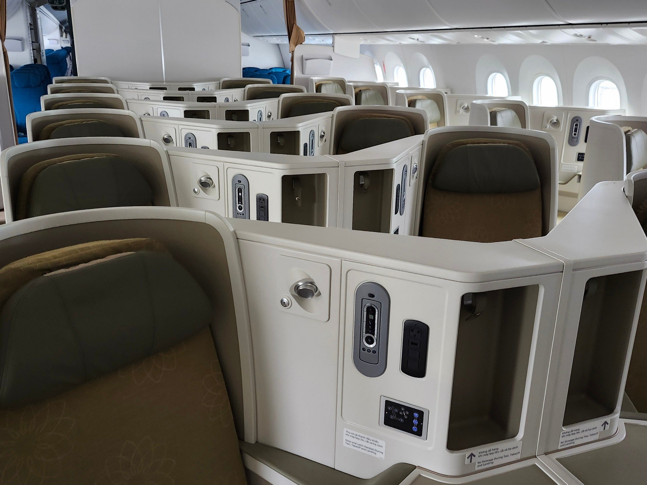 Khoang Thương gia của Boeing 787-10 Dreamliner có ghế ngồi được thiết kế so le hình xương cá tạo cho hành khách không gian rộng rãi và riêng tư, có thể ngả phẳng hoàn toàn. Những tiện ích bổ sung như màn hình cá nhân với hàng trăm chương trình giải trí đa dạng được cập nhật thường xuyên, đèn đọc sách, cổng USB tích hợp sẵn trên ghế, chỗ để chân, ngăn hành lý lớn hơn… cũng là những ưu điểm được hành khách đánh giá cao