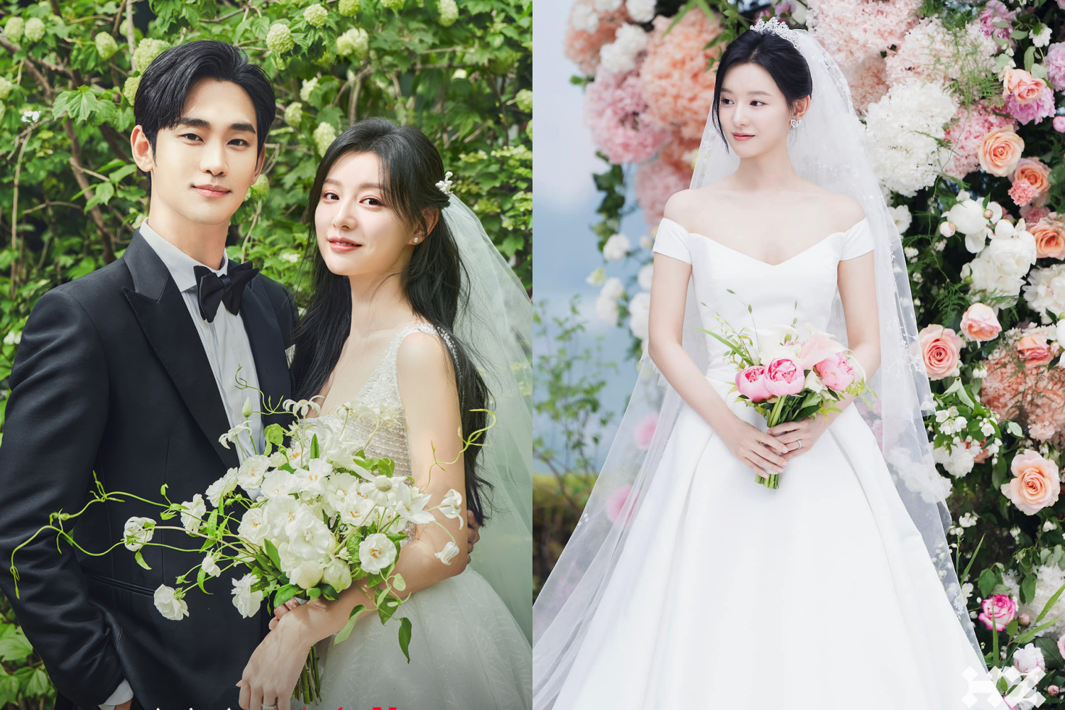 Ngoài ra, váy cưới của nhân vật trong phim cũng gây sốt. Kim Ji Won đẹp rạng rỡ với thiết kế thuộc bộ sưu tập năm 2022 của Lanesta (trái) và váy trắng thuộc bộ sưu tập mùa thu 2017 đến từ Rivini by Rita Vinieris