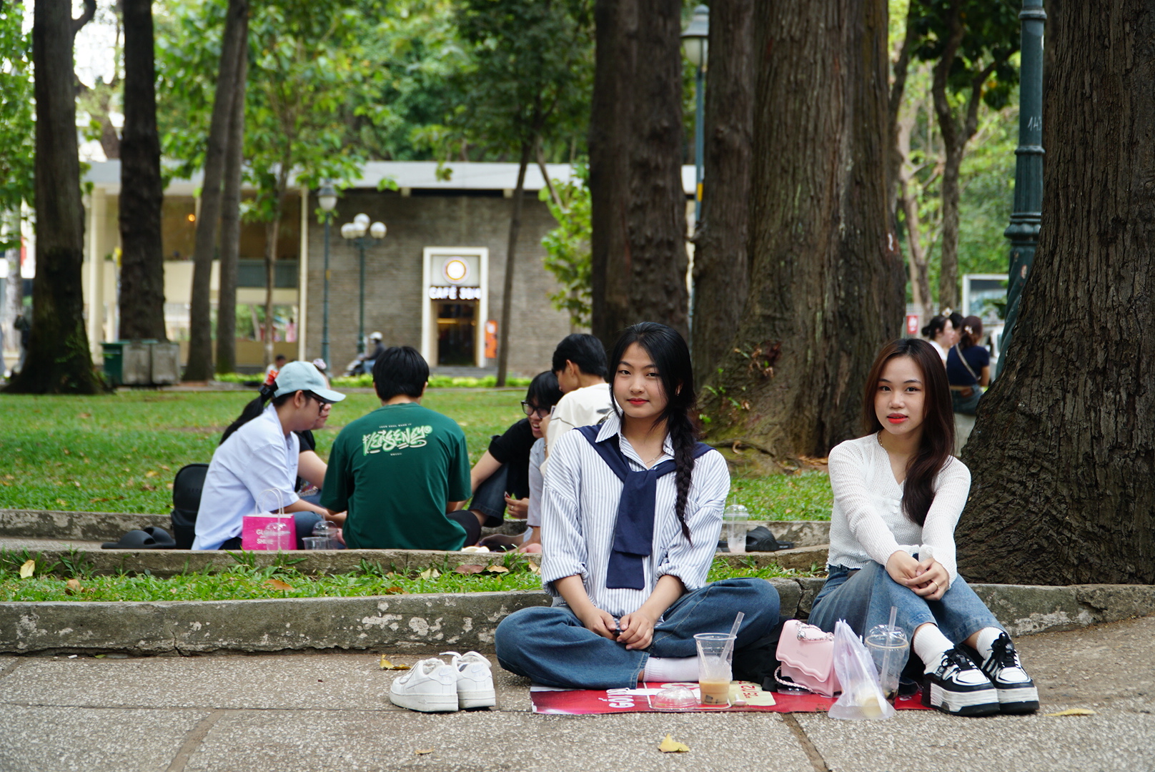 Thay vì chọn các quán cà phê máy lạnh, nhiều sinh viên chọn cà phê bệt và ngồi dưới những bóng cây