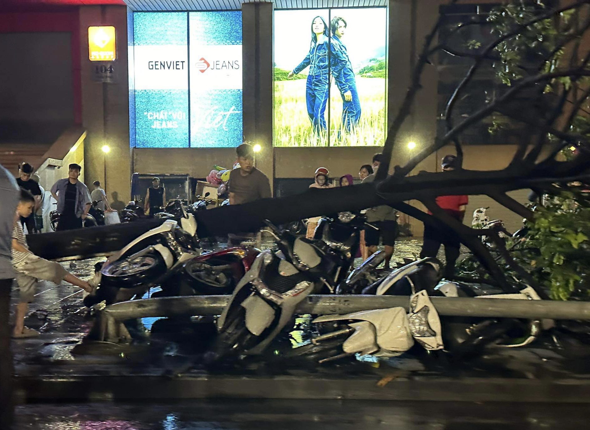 Cây xanh, cột đèn đổ đè hàng loạt xe máy trên đường Trần Phú (Q.Hà Đông)