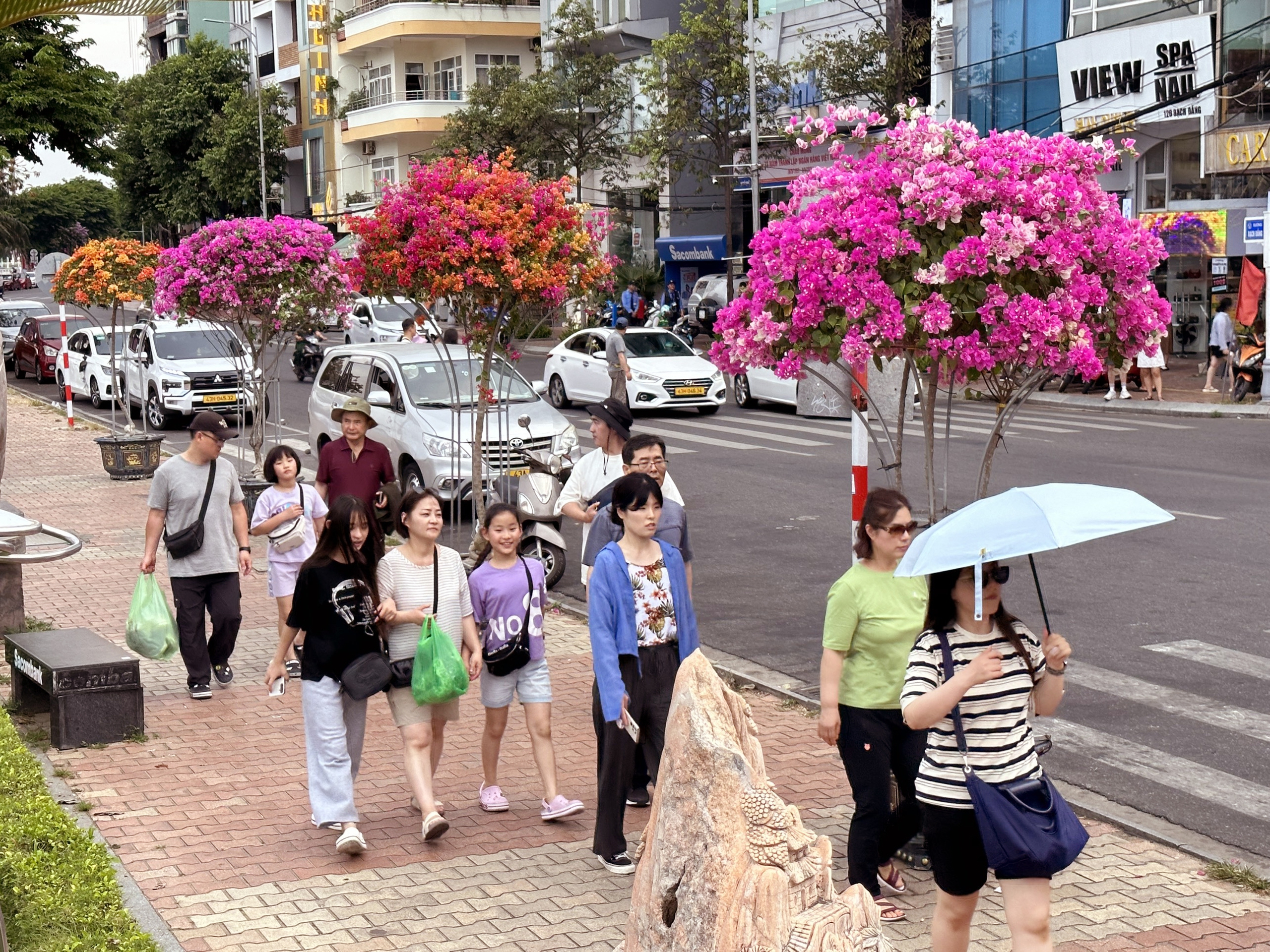 Vỉa hè chợ Hàn (đường Bạch Đằng) đặt 10 chậu hoa giấy để du khách chụp ảnh, tạo hình ảnh thân thiện, trở thành điểm check-in