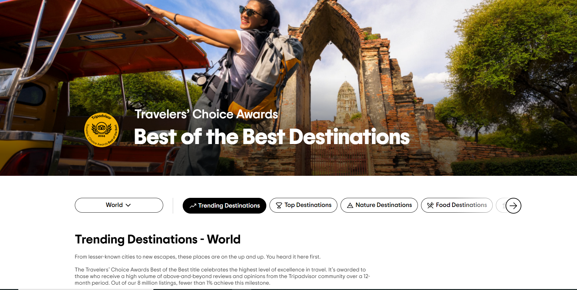 Giải Travelers' Choice Awards - Best of the Best Destinations tôn vinh các điểm đến đạt mức độ xuất sắc cao nhất trong lĩnh vực du lịch, nhận được đánh giá vượt trội từ cộng đồng TripAdvisor trong khoảng thời gian 12 tháng. Trong số 8 triệu hồ sơ, chỉ có chưa đến 1% đạt được mốc này