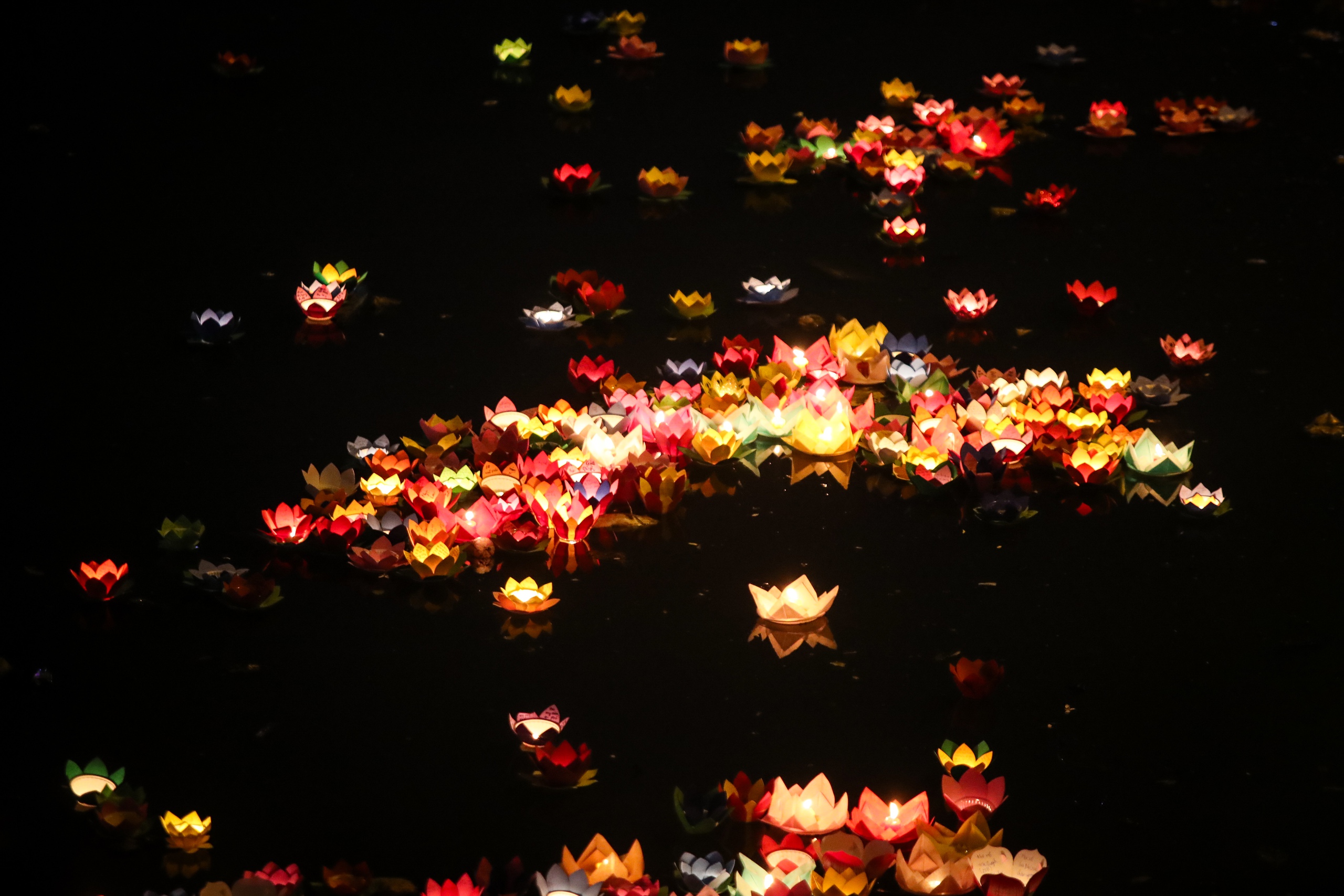 Người dân viết những điều ước lên hoa đăng và thả xuống kênh Nhiêu Lộc trong dịp lễ Phật đản để cầu quốc thái dân an, tâm niệm an lạc