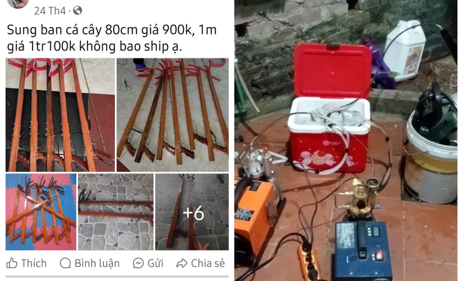 Dụng cụ bắn cá, đồ kích điện thủy hải sản đang được bày bán tràn lan trên mạng xã hội