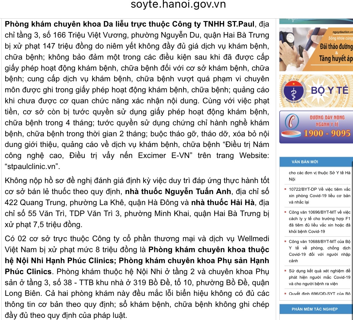 Phòng khám da liễu bị phạt 147 triệu đồng vì chữa nám công nghệ cao không phép- Ảnh 1. Sở Y tế Hà Nội thông tin xử phạt vi phạm hành chính 13 cơ sở y, dược và sản xuất, kinh doanh thực phẩm