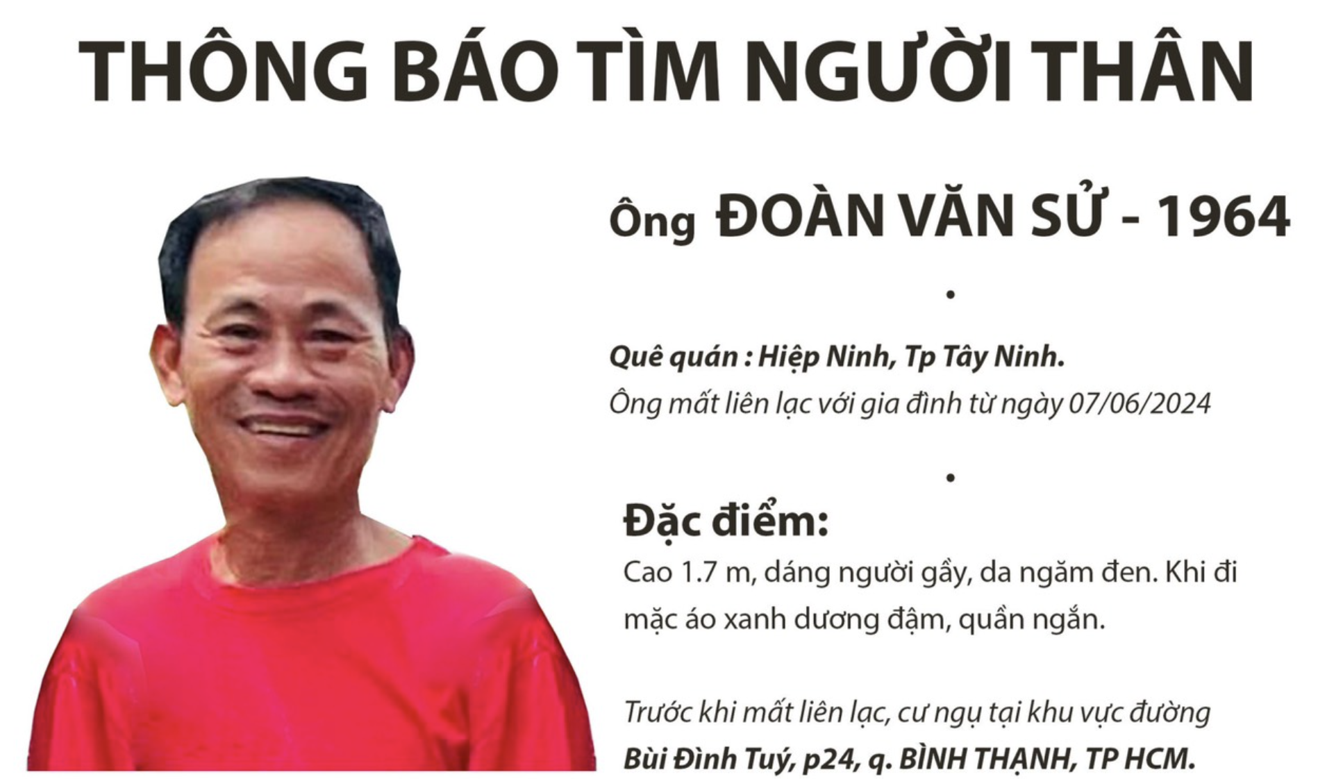 Gia đình tìm kiếm người đàn ông Tây Ninh mất liên lạc ở TP.HCM - Ảnh 1.