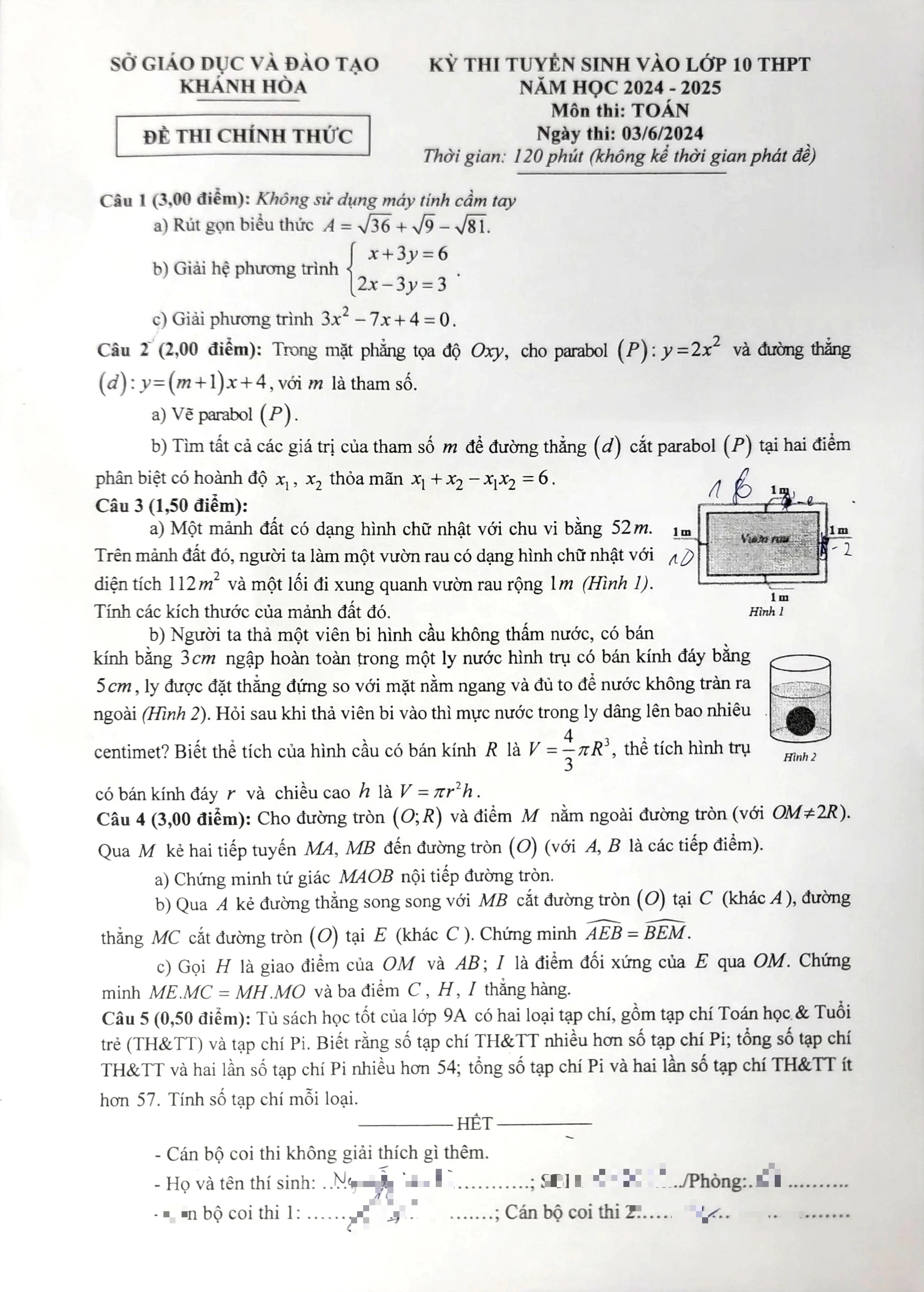 Gợi ý giải đề thi môn toán tuyển sinh lớp 10 tỉnh Khánh Hòa- Ảnh 1.