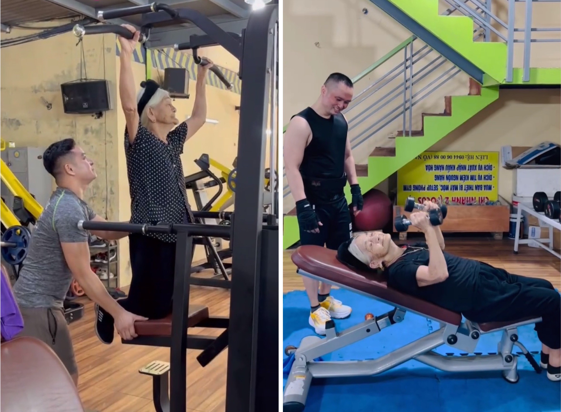 Cháu trai hướng dẫn bà nội 96 tuổi tập gym- Ảnh 1. Cháu trai hướng dẫn bà nội 96 tuổi tập gym- Ảnh 1.