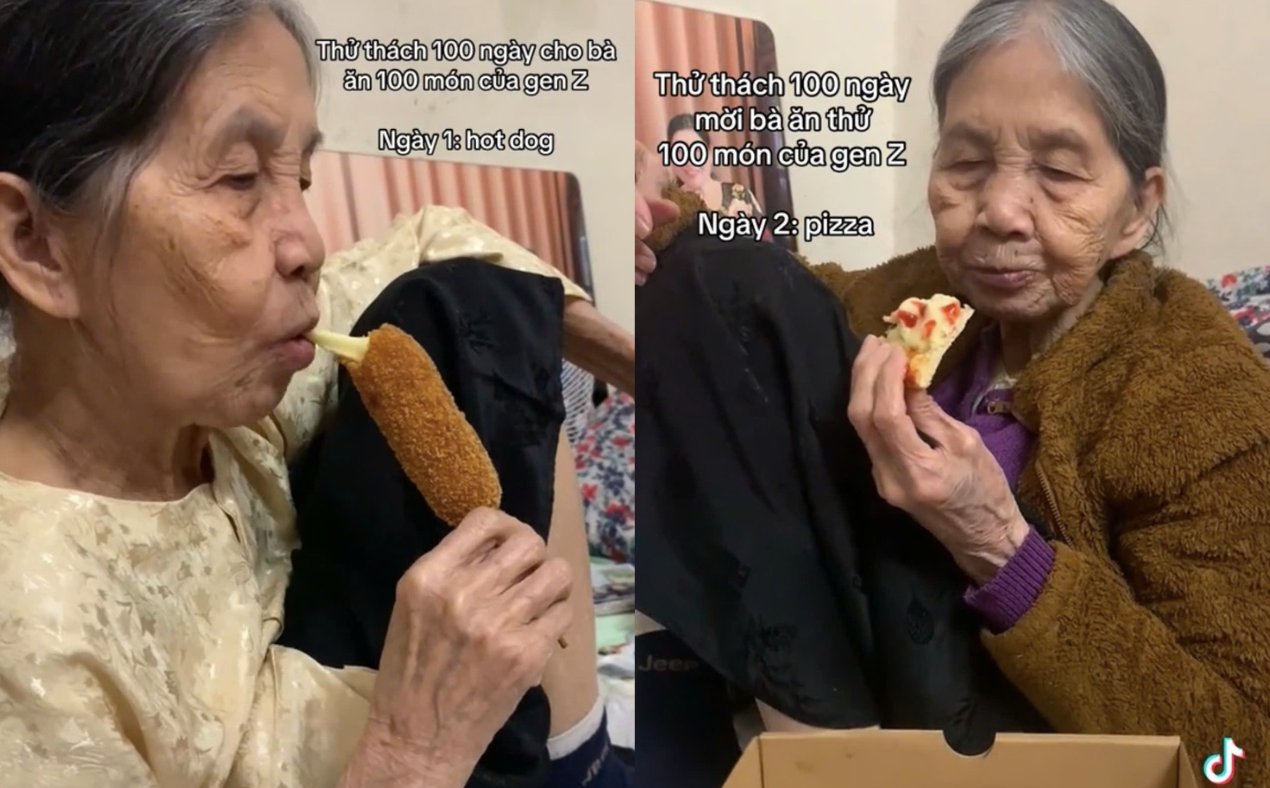 할머니와 손녀가 피자와 버블티 먹기 대결을 펼치며 서로 '도전'을 벌였다 - 사진 1. Bà ngoại cùng cháu gái 'thử thách' ăn pizza, uống trà sữa- Ảnh 1.