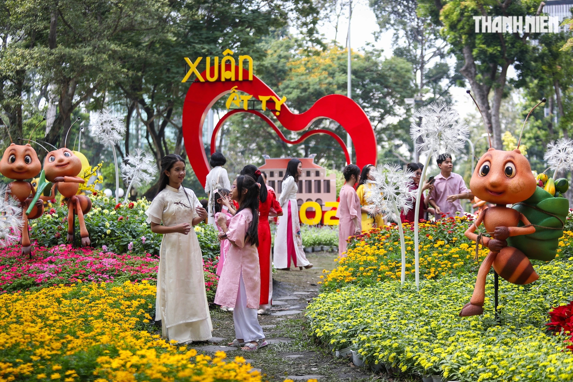 Hội hoa xuân Tao Đàn rực rỡ: Người dân, du khách thoải mái chụp ảnh du xuân- Ảnh 1.