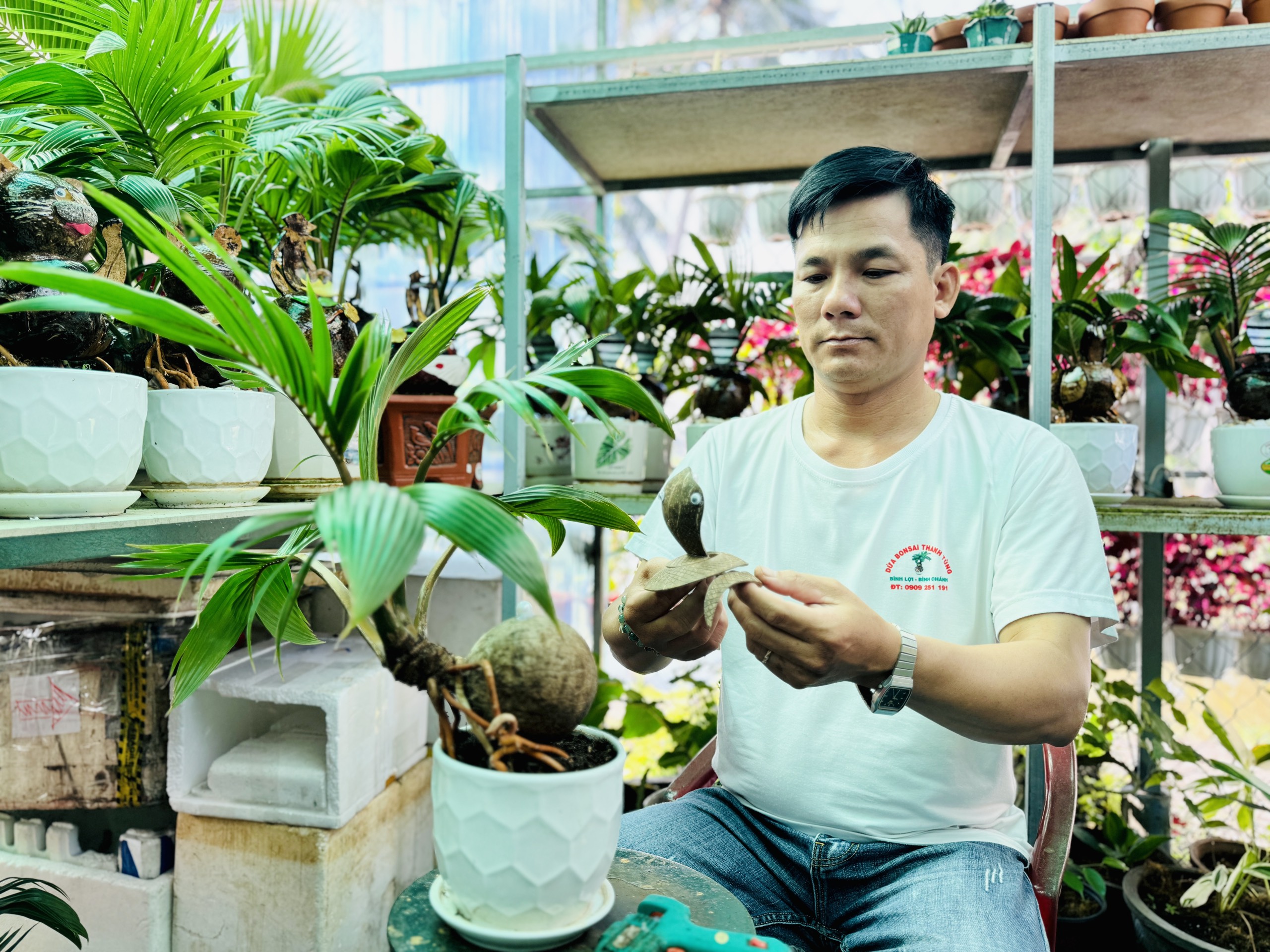 Người đàn ông khéo tay trình làng dừa bonsai hình rắn ngậm ngọc ở TP.HCM dịp tết- Ảnh 3.