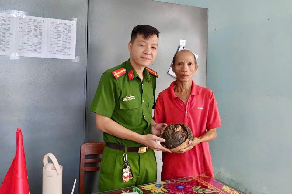 Động vật quý hiếm bò vào sân, người dân bắt nộp cho công an - Ảnh 1.