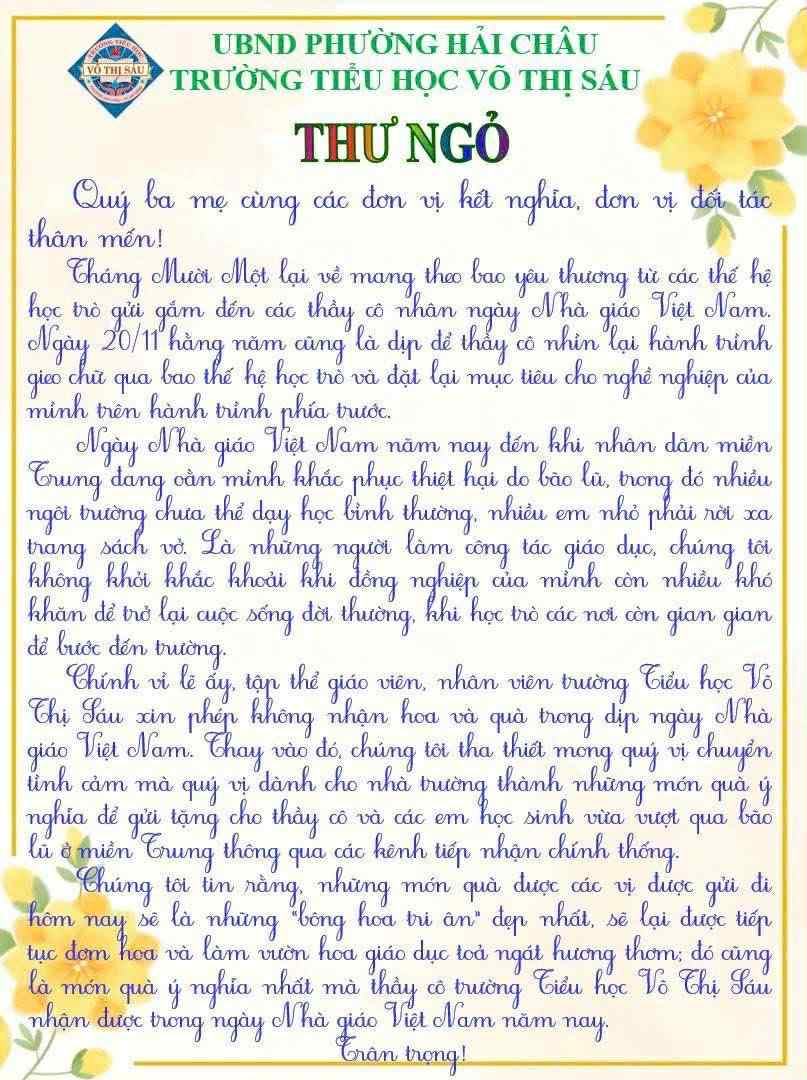 ទីក្រុង Da Nang៖ លោកគ្រូ អ្នកគ្រូ សុំមិនទទួលយកផ្កា ឬអំណោយនៅថ្ងៃទី ២០ ខែវិច្ឆិកា ដើម្បីបង្ហាញពី “ការដឹងគុណ” ដល់តំបន់ទឹកជំនន់ - រូបថត ១. Đà Nẵng: Thầy cô xin không nhận hoa, quà 20.11 chuyển 'lời tri ân' đến vùng lũ- Ảnh 1.