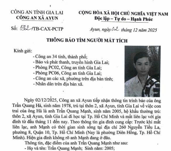 Nam sinh viên mất tích sau khi xin nhiều tiền từ gia đình- Ảnh 1.