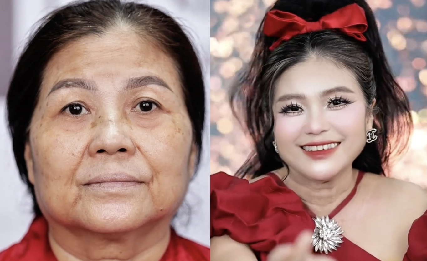 Sốc với cụ b&agrave; U.70 ở TP.HCM 'biến h&igrave;nh th&agrave;nh hotgirl' nhờ make-up - Ảnh 1.