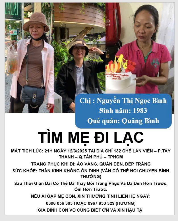 Con gái tìm mẹ từ quê vào TP.HCM rồi mất liên lạc hơn 3 tháng nay Con gái tìm mẹ từ quê vào TP.HCM rồi mất liên lạc hơn 3 tháng nay
