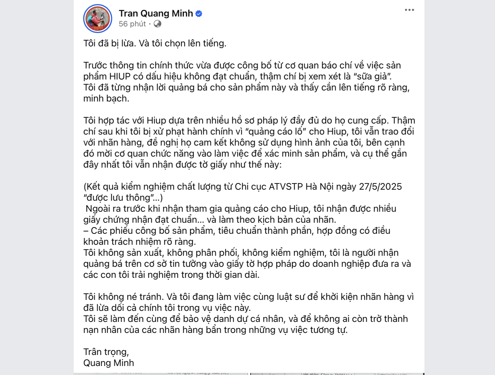 Vụ sữa Hiup giả: BTV Quang Minh cho rằng mình bị lừa, sẽ khởi kiện nhãn hàng - Ảnh 2.
