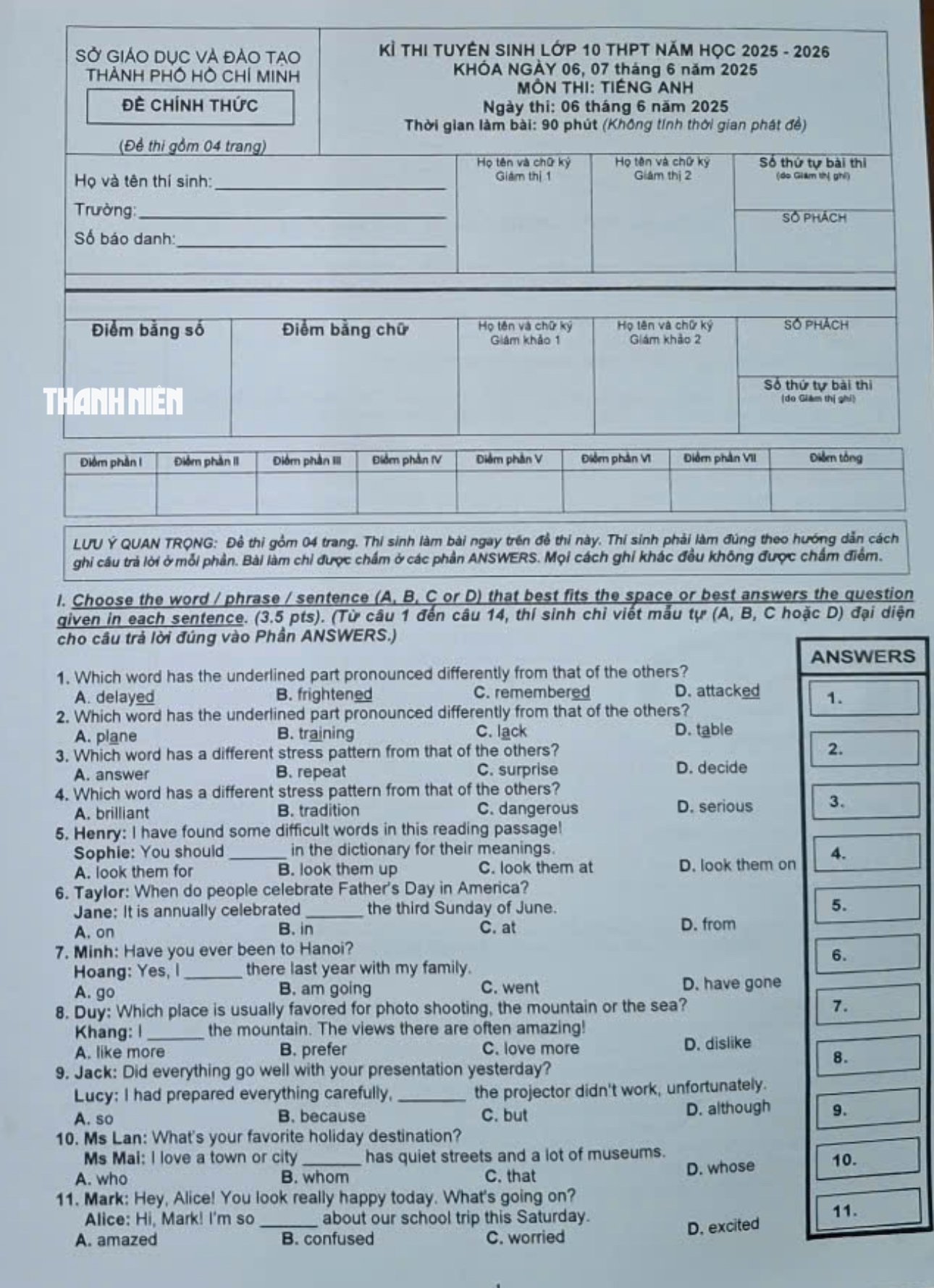 Thi lớp 10 TP.HCM: Đề chính thức môn tiếng Anh