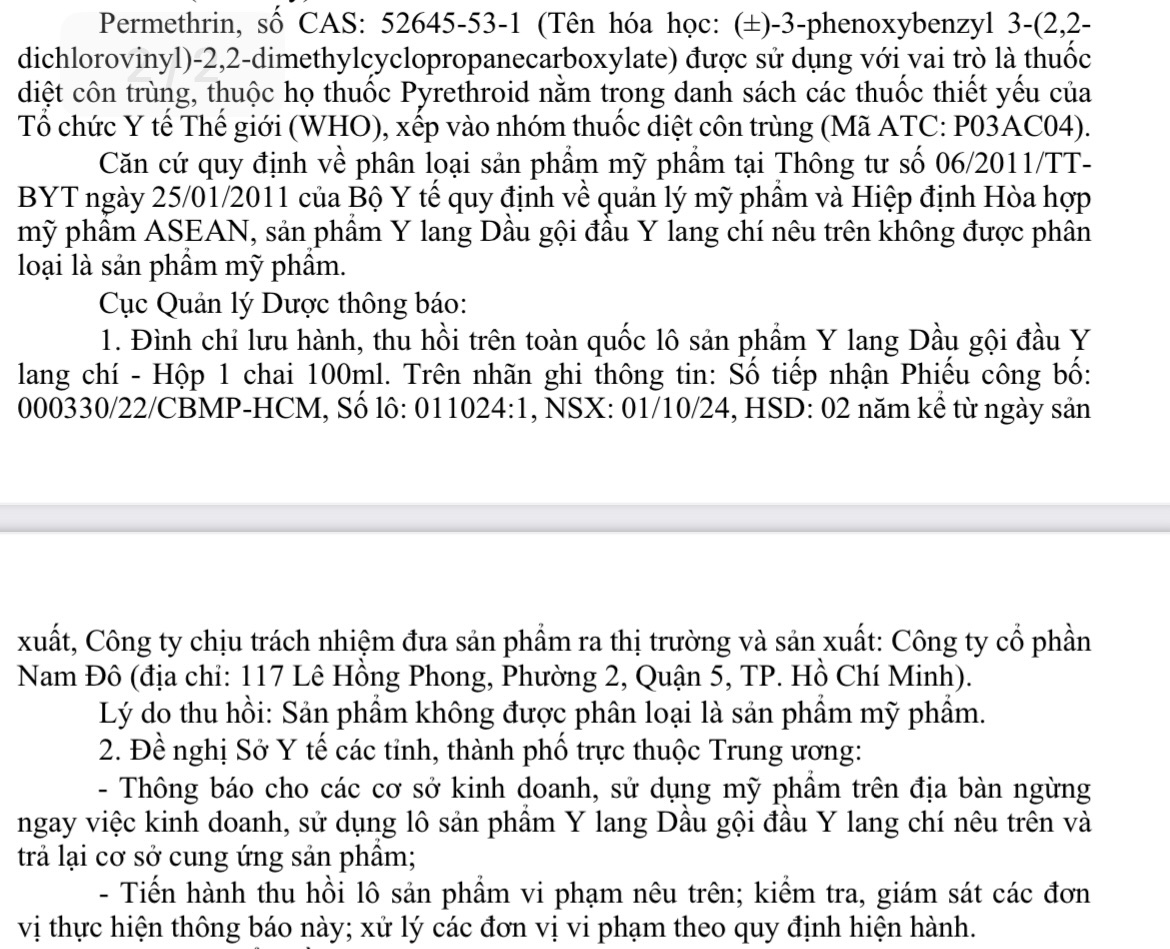 Thu hồi toàn quốc, tiêu hủy lô dầu gội có chứa thuốc diệt côn trùng - Ảnh 1.