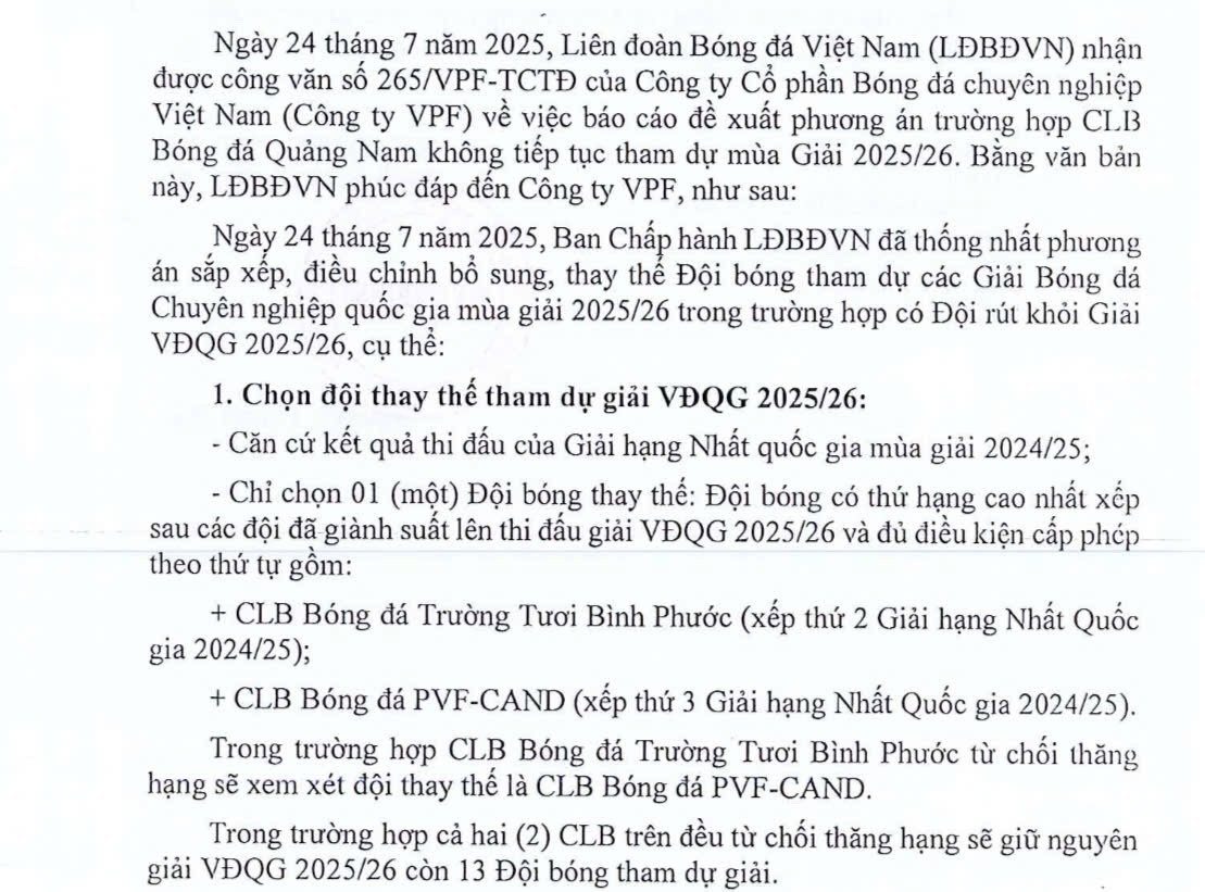 ข่าวร้อนแรงสโมสรกวางนามออกจาก V-League: VFF ตัดสินใจแล้ว ทีมบินห์เฟือกของกงฟอง 'ถูกรางวัลลอตเตอรี่' - ภาพที่ 2 Nóng vụ CLB Quảng Nam bỏ V-League: VFF ra phán quyết, đội Bình Phước của Công Phượng 'trúng số'- Ảnh 2.