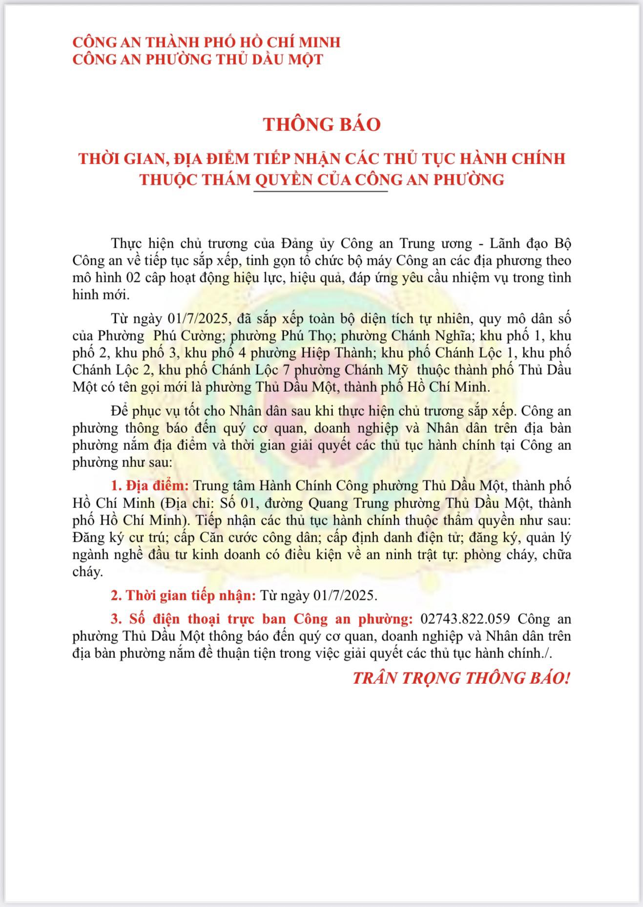 Công an phường Thủ Dầu Một tiếp nhận thủ tục hành chính ở đâu? - Ảnh 1.