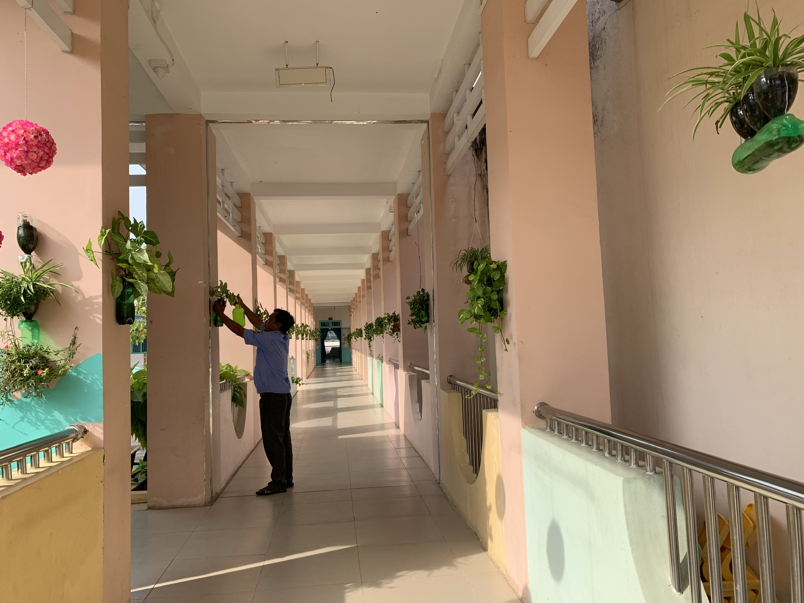 Vnášení zelených stromů a květin do školního prostoru - Foto 1. Đưa cây xanh, cỏ hoa vào không gian trường học- Ảnh 1.