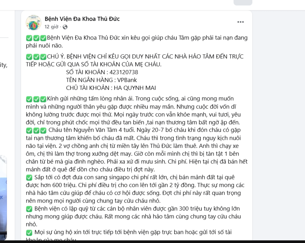 Giả mạo bệnh viện, đăng bài kêu gọi quyên góp 2 tỉ đồng - Ảnh 1.