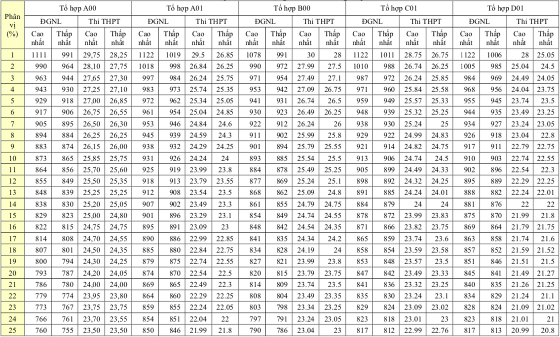 Bách phân vị điểm thi năng lực ĐH Quốc gia TP.HCM theo 5 tổ hợp  - Ảnh 2.