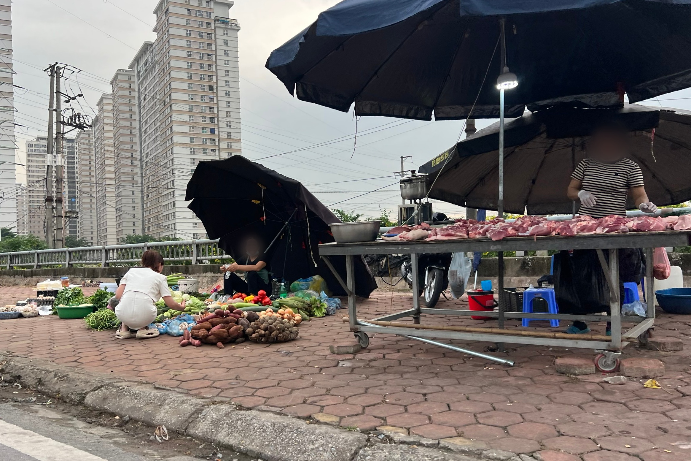 Chợ cóc 'mọc' nhan nhản, bày bán thịt heo dưới lòng đường Hà Nội- Ảnh 3.