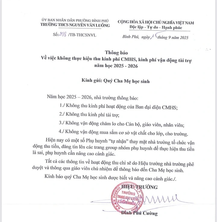 Bất ngờ với hiệu trưởng không cho thu tiền quỹ phụ huynh, vì sao? - Ảnh 1.
