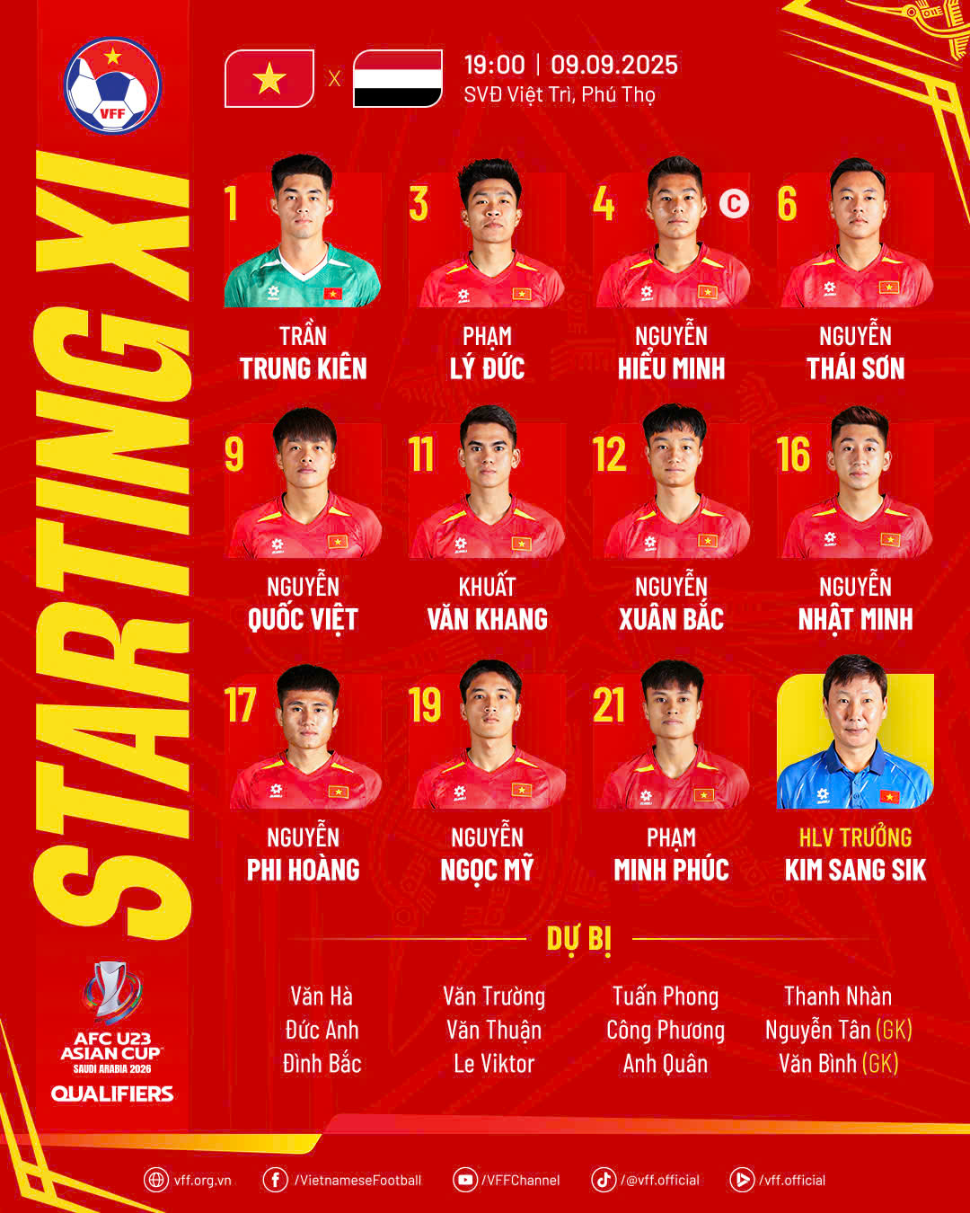 U.23 ویتنام بمقابلہ یمن: کوچ Kim Sang-sik نے 'حیران کن' لائن اپ کا آغاز کیا، Dinh Bac اور Van Truong بینچ پر ہیں - تصویر 1۔ U.23 Việt Nam đấu Yemen: HLV Kim Sang-sik tung đội hình 'sốc', Đình Bắc và Văn Trường dự bị- Ảnh 1.