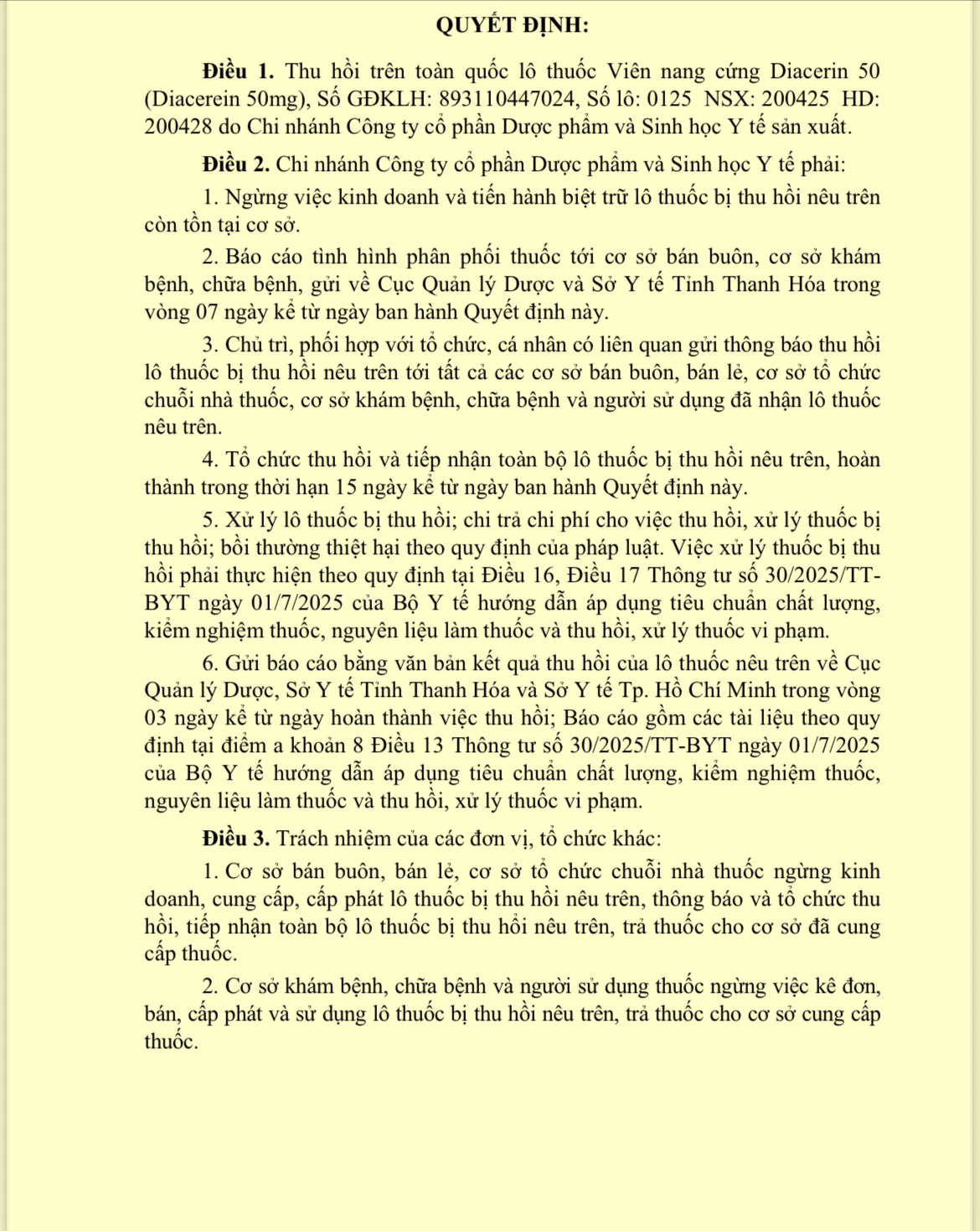 Thu Hồi Toàn Quốc Lô Thuốc Viên Nang Cứng Diacerin 50 Do Vi Phạm Chất Lượng- Ảnh 1. Thu Hồi Toàn Quốc Lô Thuốc Viên Nang Cứng Diacerin 50 Do Vi Phạm Chất Lượng- Ảnh 1.