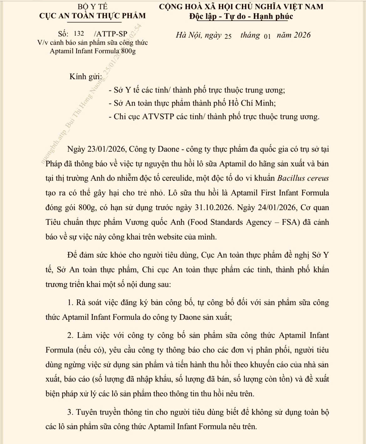 Cảnh Báo Thu Hồi Sữa Aptamil Do Nhiễm Độc Tố Bacillus Cereus Gây Hại Cho Trẻ Nhỏ - Ảnh 1.