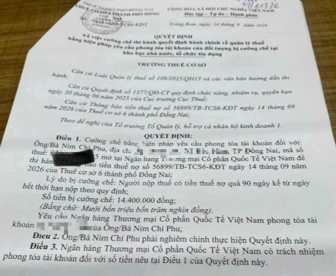 Nợ thuế hơn 14 triệu, chủ tiệm trà sữa bị phong tỏa tài khoản- Ảnh 1.