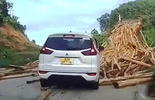 Xe tải chở gỗ keo đổ tràn xuống đèo Liêu, ô tô thoát nạn trong gang tấc- Ảnh 1.