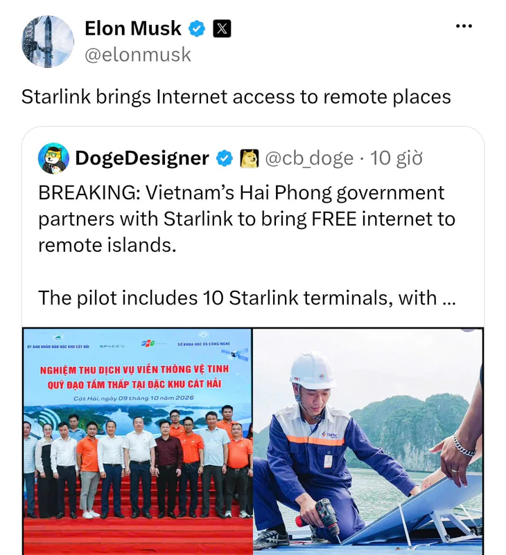 Tỷ phú Elon Musk chia sẻ thông tin Hải Phòng triển khai Internet vệ tinh Starlink - Ảnh 1.