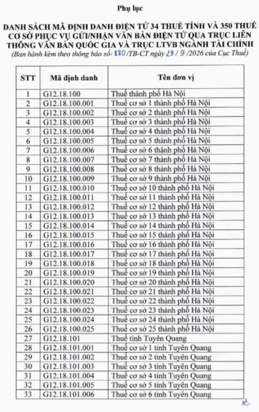 Mã định danh điện tử mới của 34 thuế tỉnh, thành phố và 350 thuế cơ sở - Ảnh 1.