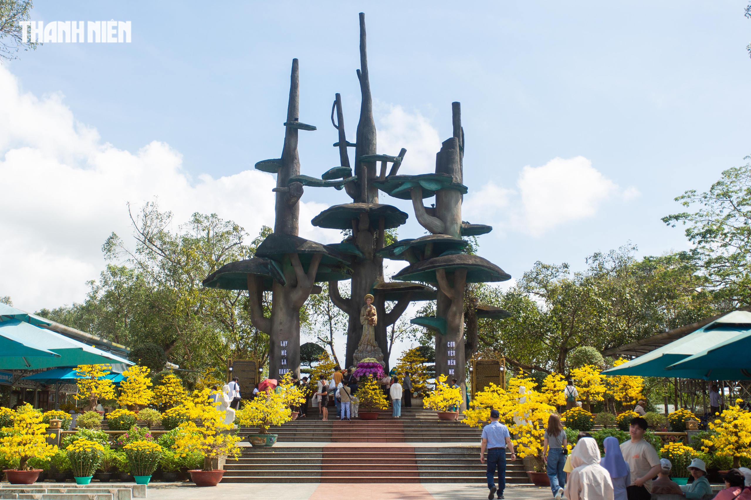 La Vang rực v&agrave;ng hoa xu&acirc;n đ&oacute;n d&ograve;ng người khắp nơi về cầu b&igrave;nh an năm mới- Ảnh 1.