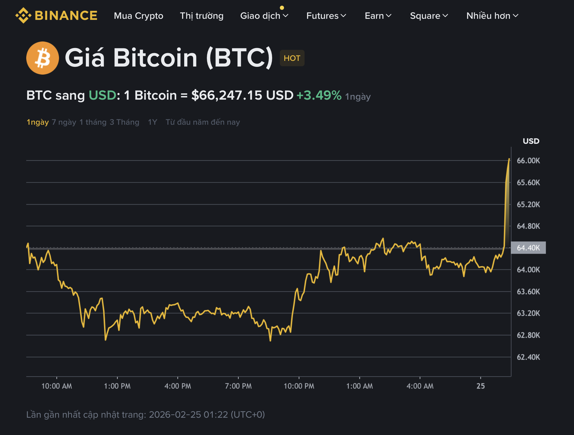 Giá Bitcoin hôm nay 25.2.2026: BTC bật tăng lên 66.000 USD  - Ảnh 1.