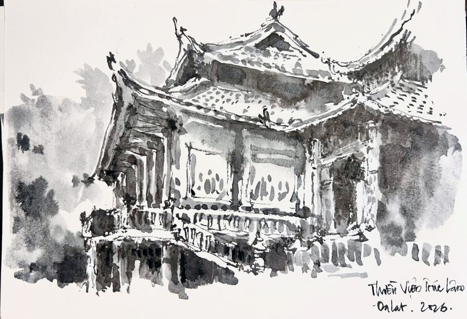 Mái cong thanh thoát, đậm chất kiến trúc gỗ cổ truyền VN - ký họa của kTS Phan Đình Trung